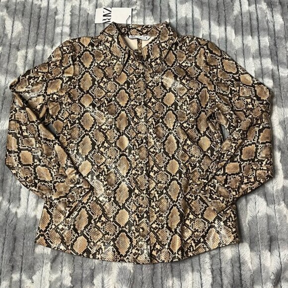 Zara Faux Leather Snake Print Shirt Size Large - Picture 2 of 11